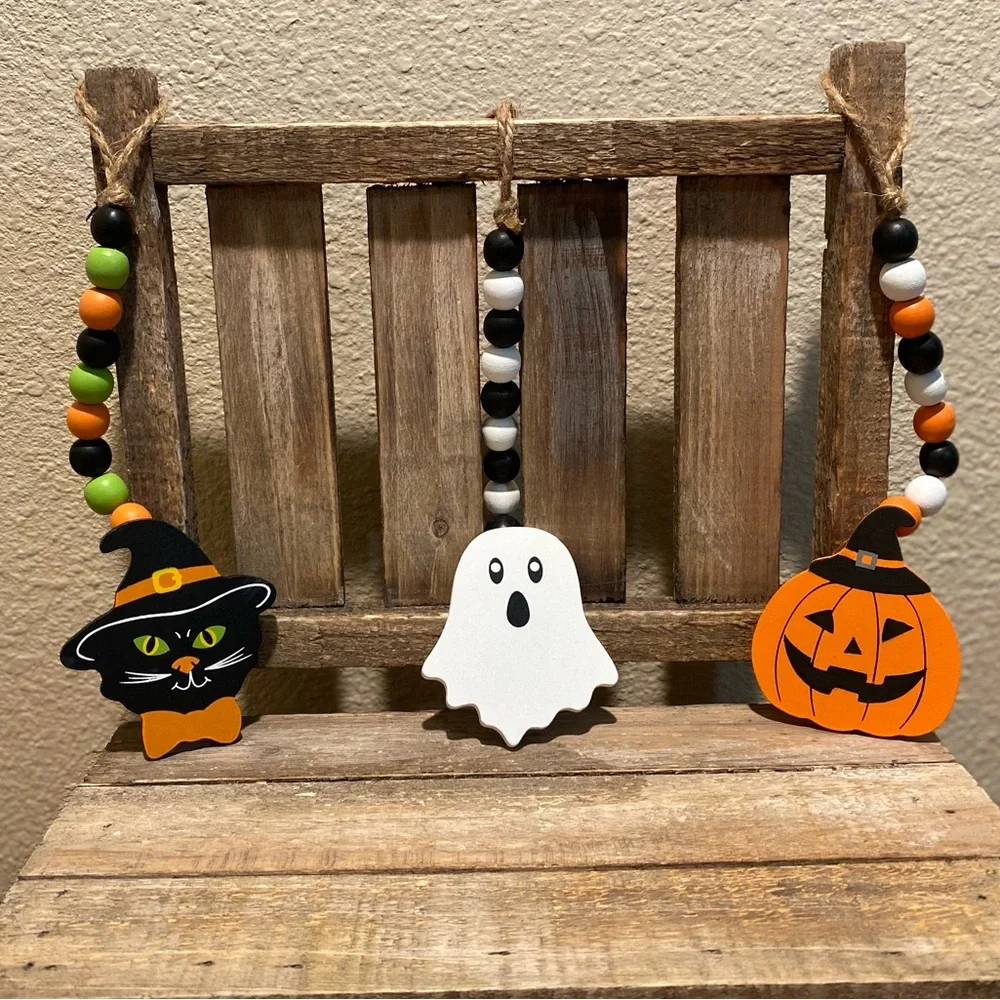 Halloween Beaded Garland Set Of 3, Black Cat Garland, Ghost Beaded Garland Set